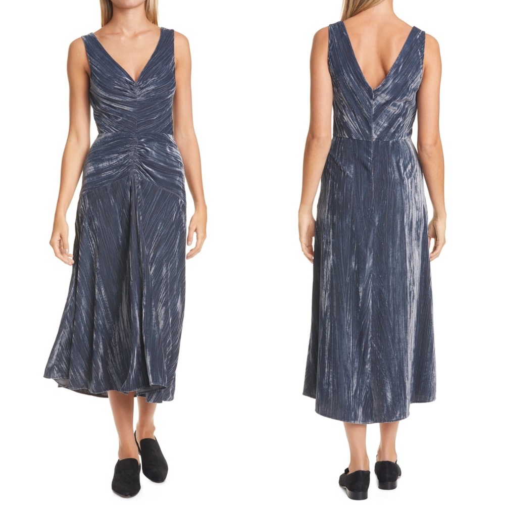 NEW VINCE Azure Slate GRAY Ruched TEXTURED VELVET Sleeveless MIDI DRESS 12